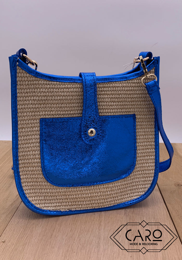 SAC BANDOULIERE PAILLE CUIR TURQUOISE